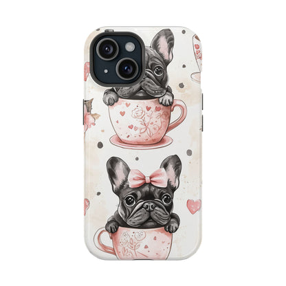 French Bulldogs in Teacups MagSafe iPhone Case – Cute Dog Design with Hearts & Bows, Shockproof & Slim