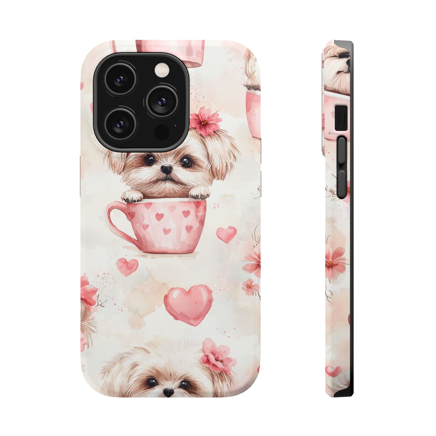 Floral Puppy in Teacup MagSafe iPhone Case – Cute Pink Flower Design, Tough Dual-Layer Protection