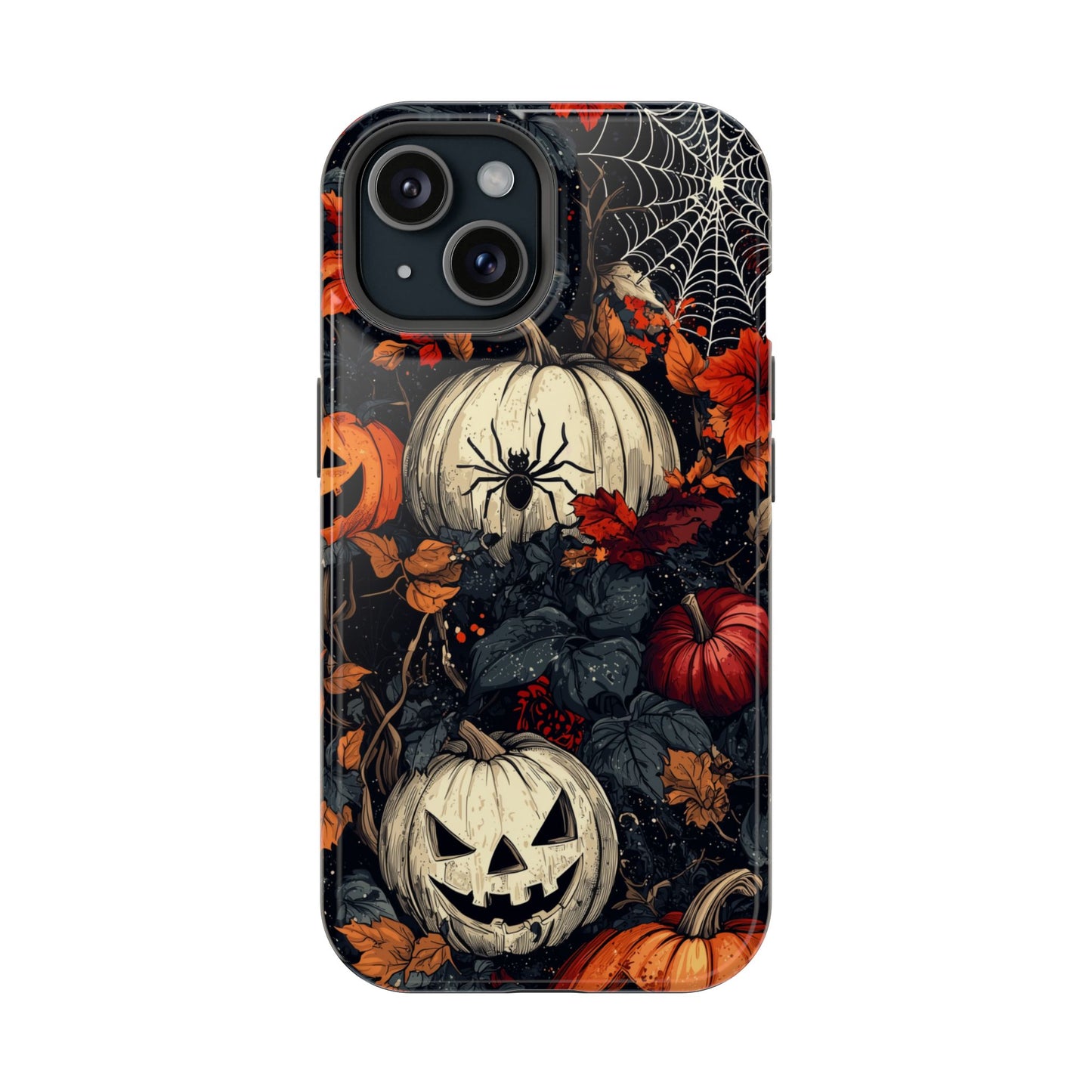 Hauntingly Elegant Halloween MagSafe iPhone Case – Pumpkins, Spiders, and Autumn Leaves Design