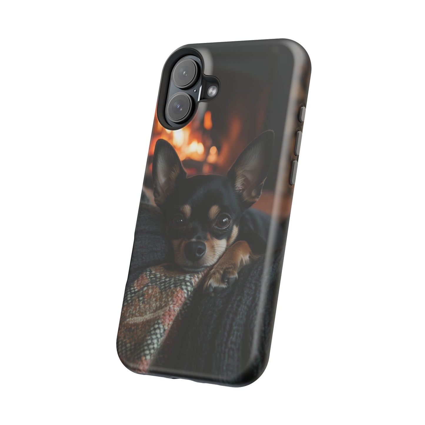 Cozy Chihuahua Fireplace MagSafe iPhone Case – Elegant and Functional Design