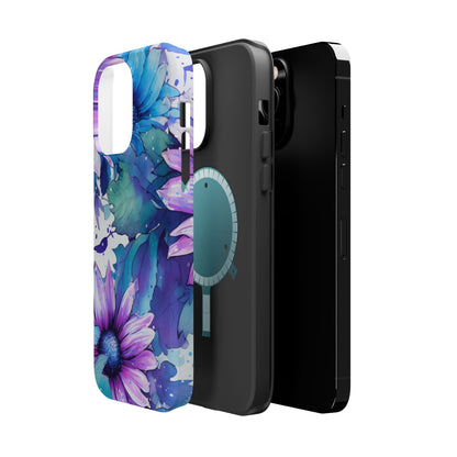 Purple & Teal Watercolor Floral MagSafe iPhone Case - Artistic Flower Design