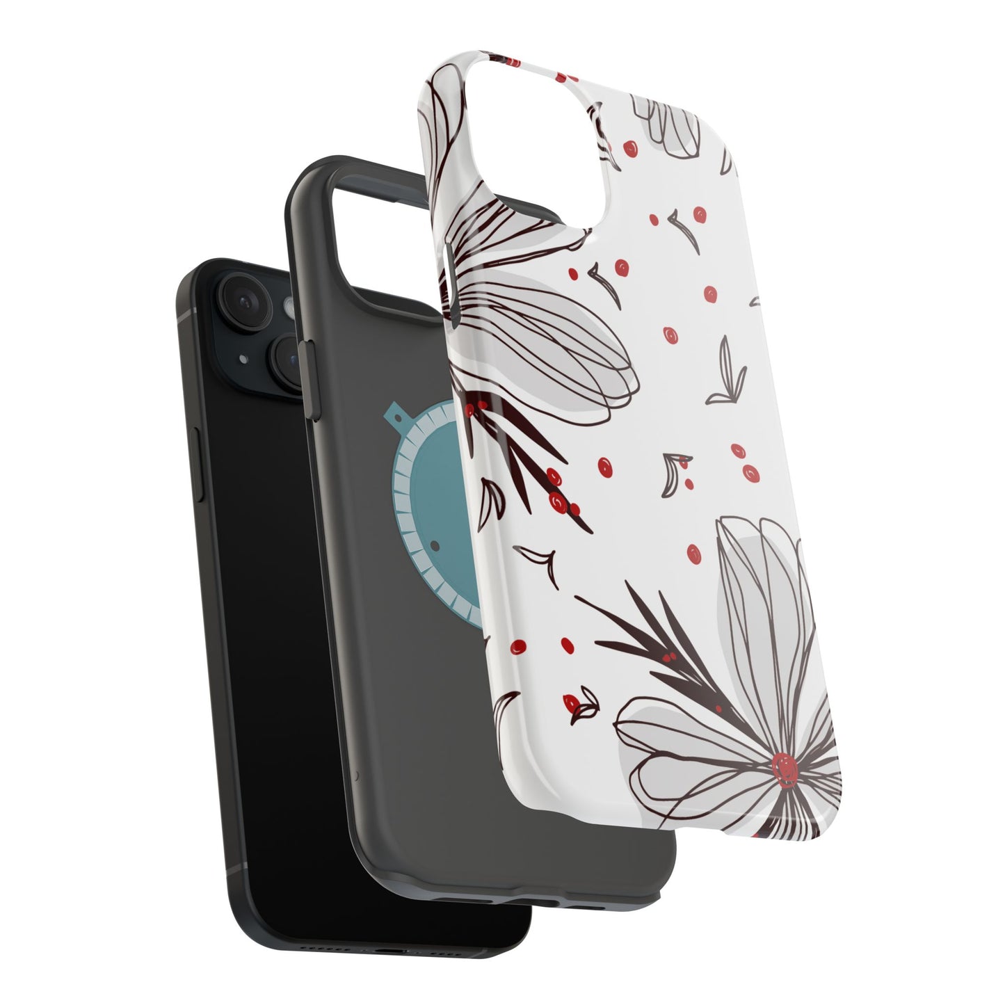 Minimalist Line Art Floral Tough MagSafe iPhone Case – Bold Red and Black Design, Shockproof Protection