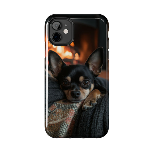 Cozy Chihuahua Fireplace iPhone Case – Warm and Stylish Design