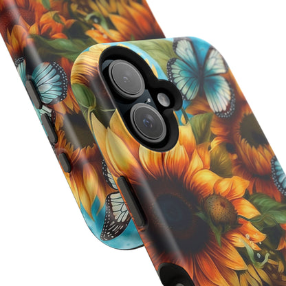 Aqua Blue Butterfly & Sunflower Art – MagSafe iPhone Case