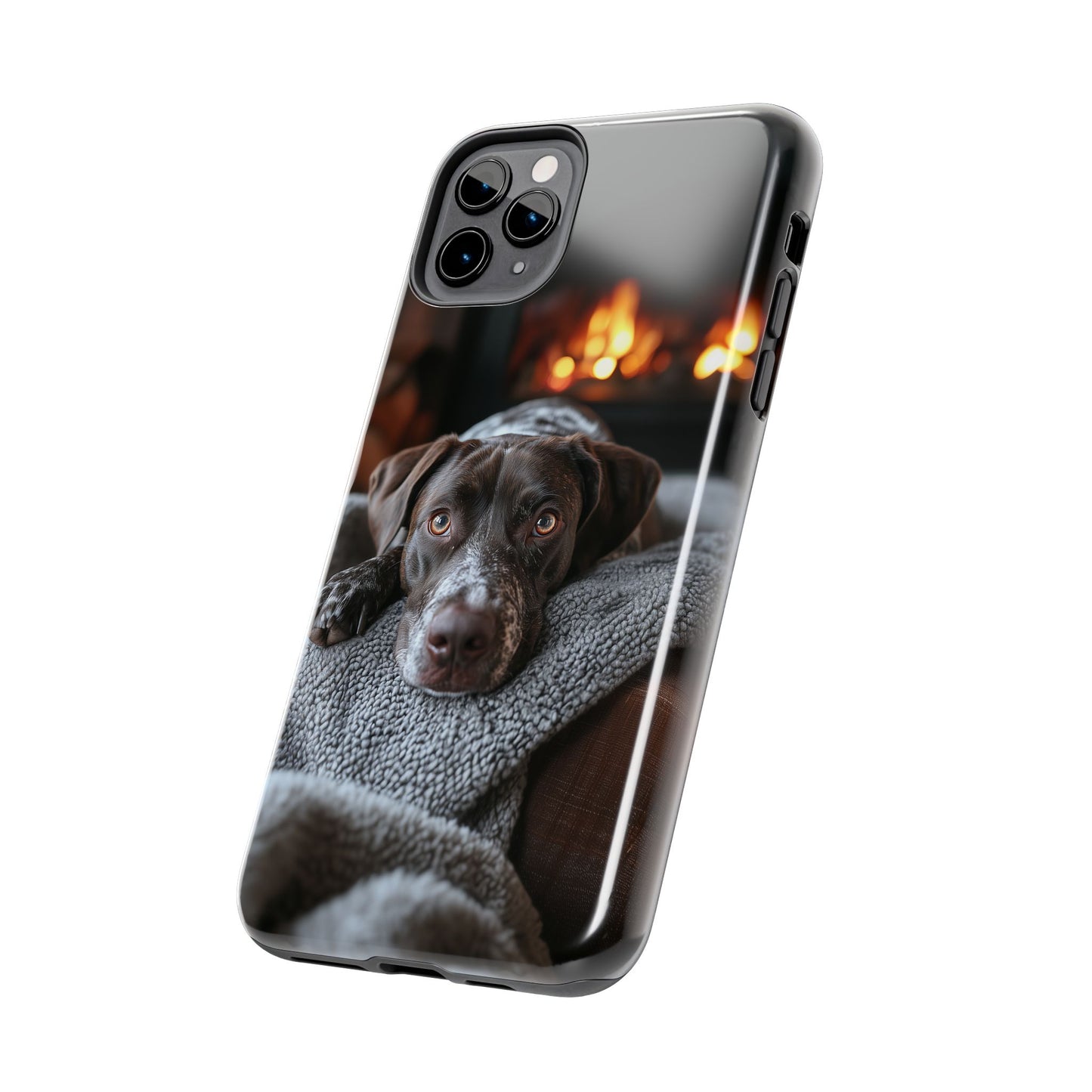 Cozy German Shorthaired Pointer iPhone Case – Rustic Fireplace Protective Cover