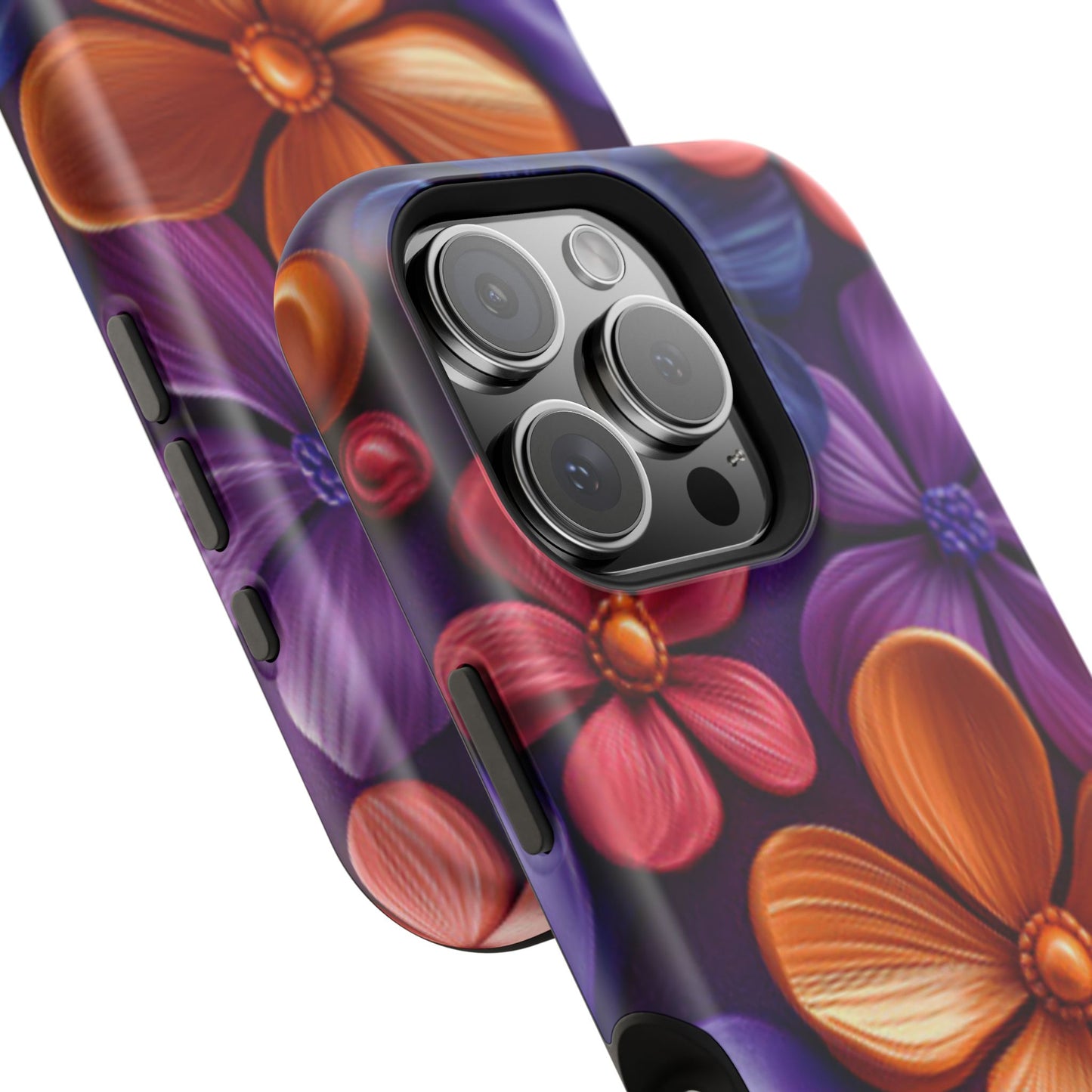 Bold Floral 3D MagSafe iPhone Case – Vivid Purple and Orange Flower Design, Shock-Resistant