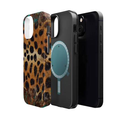 Rustic Leopard Print Tough MagSafe iPhone Case – Distressed Turquoise and Animal Pattern with Dual-Layer Protection