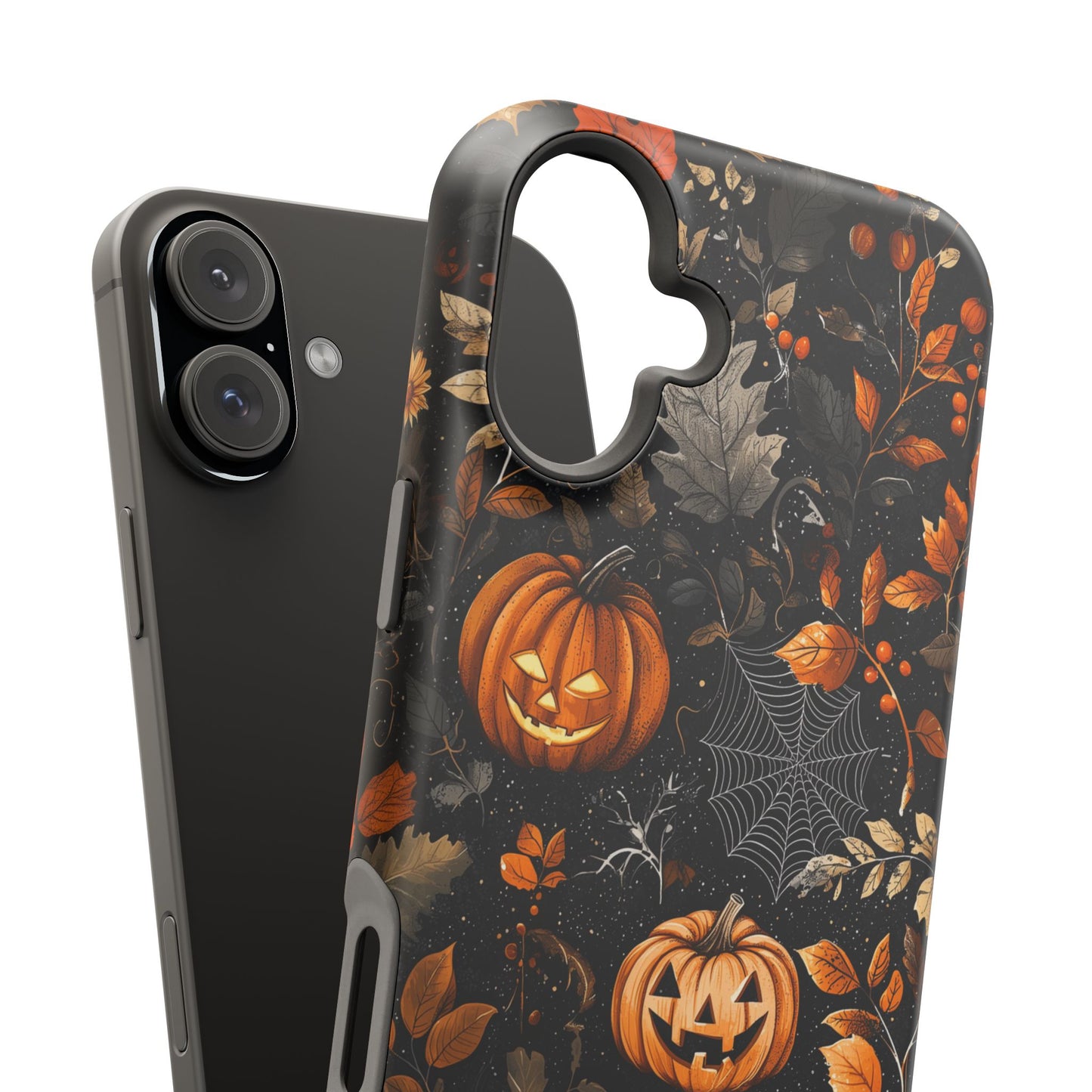 Elegant Halloween MagSafe iPhone Case – Pumpkin Jack-o'-Lanterns, Cobwebs & Autumn Foliage Design