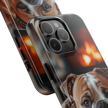 Cozy Bulldog iPhone Case – Fireside-Inspired Protective Cover Description: