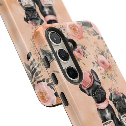 Floral French Bulldogs Samsung Galaxy Case – Elegant Dog Design with Tea Cups & Roses, Shockproof Protection