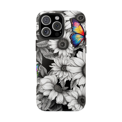 Rainbow Butterflies & Monochrome Sunflowers – iPhone Case