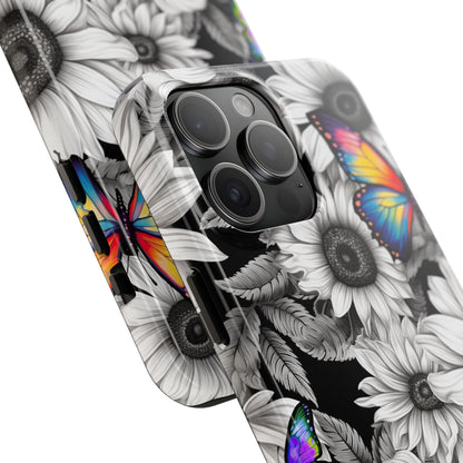 Rainbow Butterflies & Monochrome Sunflowers – iPhone Case