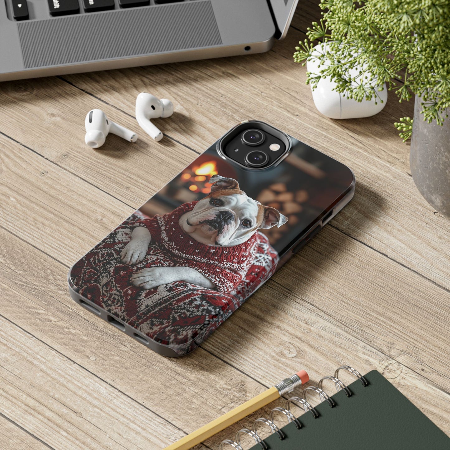 Cozy Bulldog in Sweater iPhone Case – Festive Fireplace Protective Cover