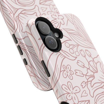 Blush Floral Line Art Tough MagSafe iPhone Case – Delicate Minimalist Design with Dual-Layer Protection