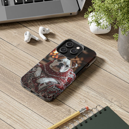 Cozy Bulldog in Sweater iPhone Case – Festive Fireplace Protective Cover