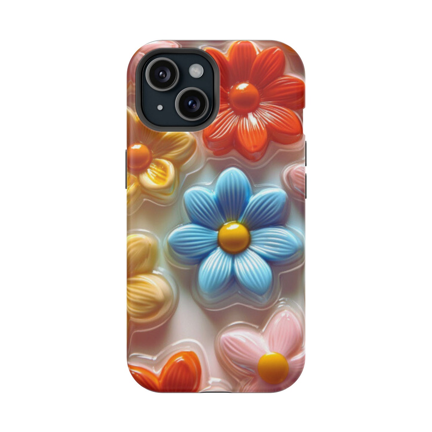 Glossy Retro Flower MagSafe iPhone Case – Colorful 3D Floral Design, Durable Protection