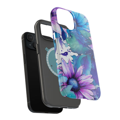 Purple & Teal Watercolor Floral MagSafe iPhone Case - Artistic Flower Design