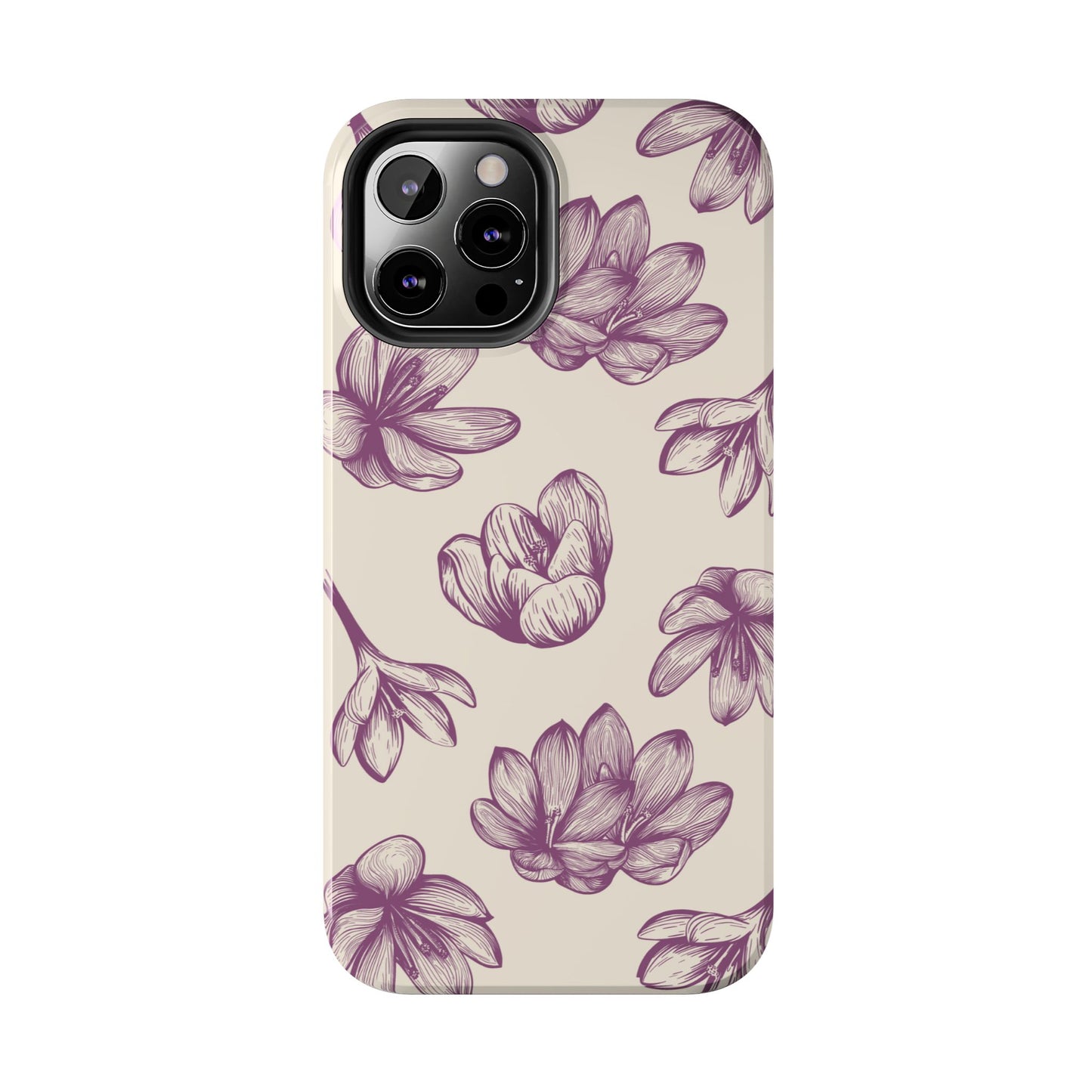 Vintage Botanical Floral Tough iPhone Case – Hand - Drawn Purple Flowers, Shockproof Design - BOGO Cases