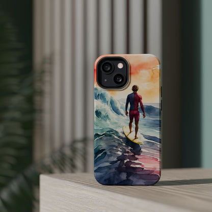 Surfer’s Sunset Wave MagSafe iPhone Case – Vibrant Watercolor Design