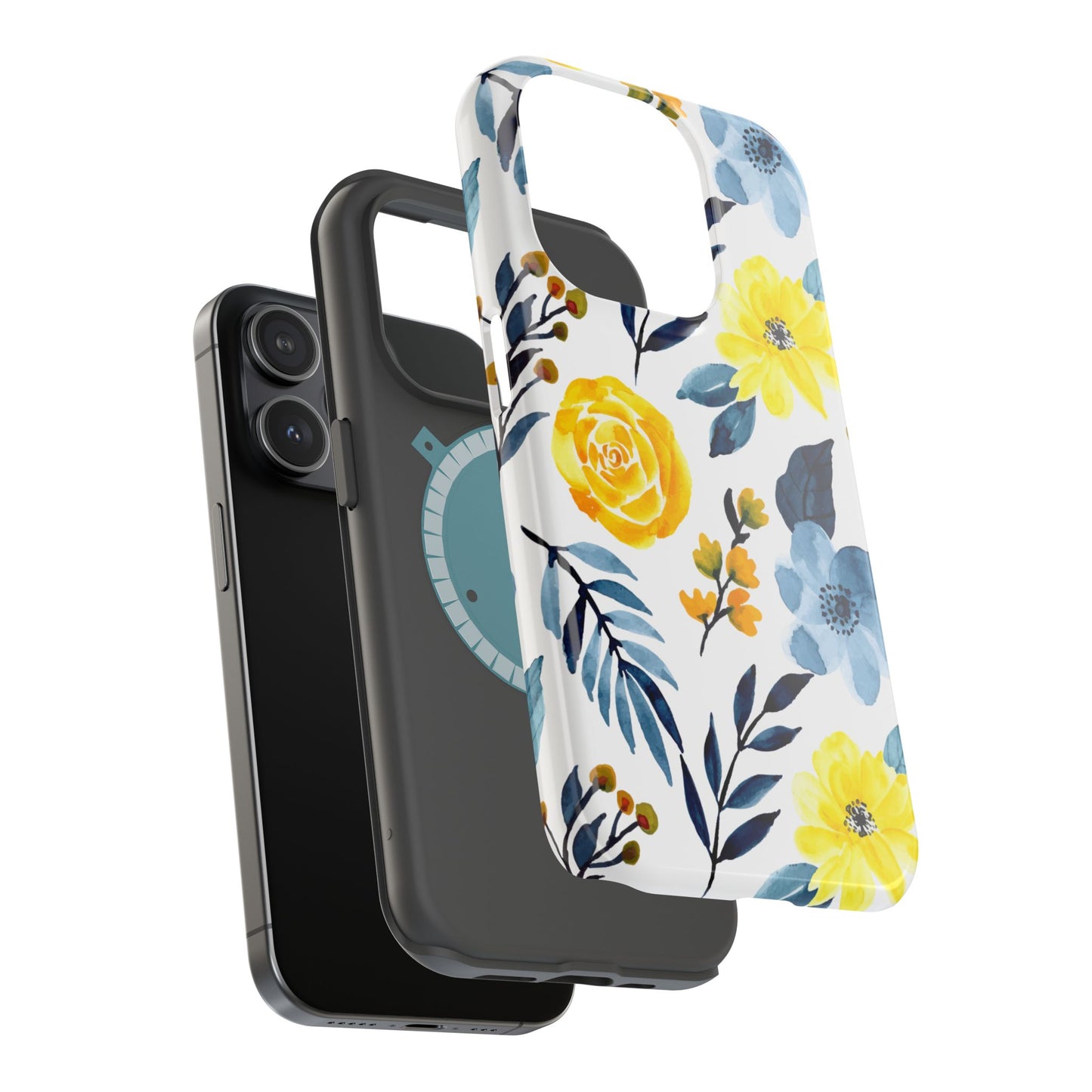 Golden Yellow & Sky Blue Floral – Watercolor Botanical MagSafe iPhone Case