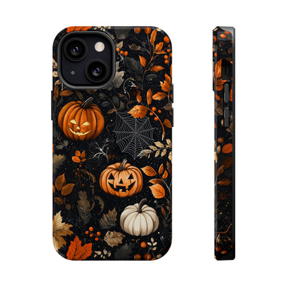 Elegant Halloween MagSafe iPhone Case – Pumpkin Jack-o'-Lanterns, Cobwebs & Autumn Foliage Design