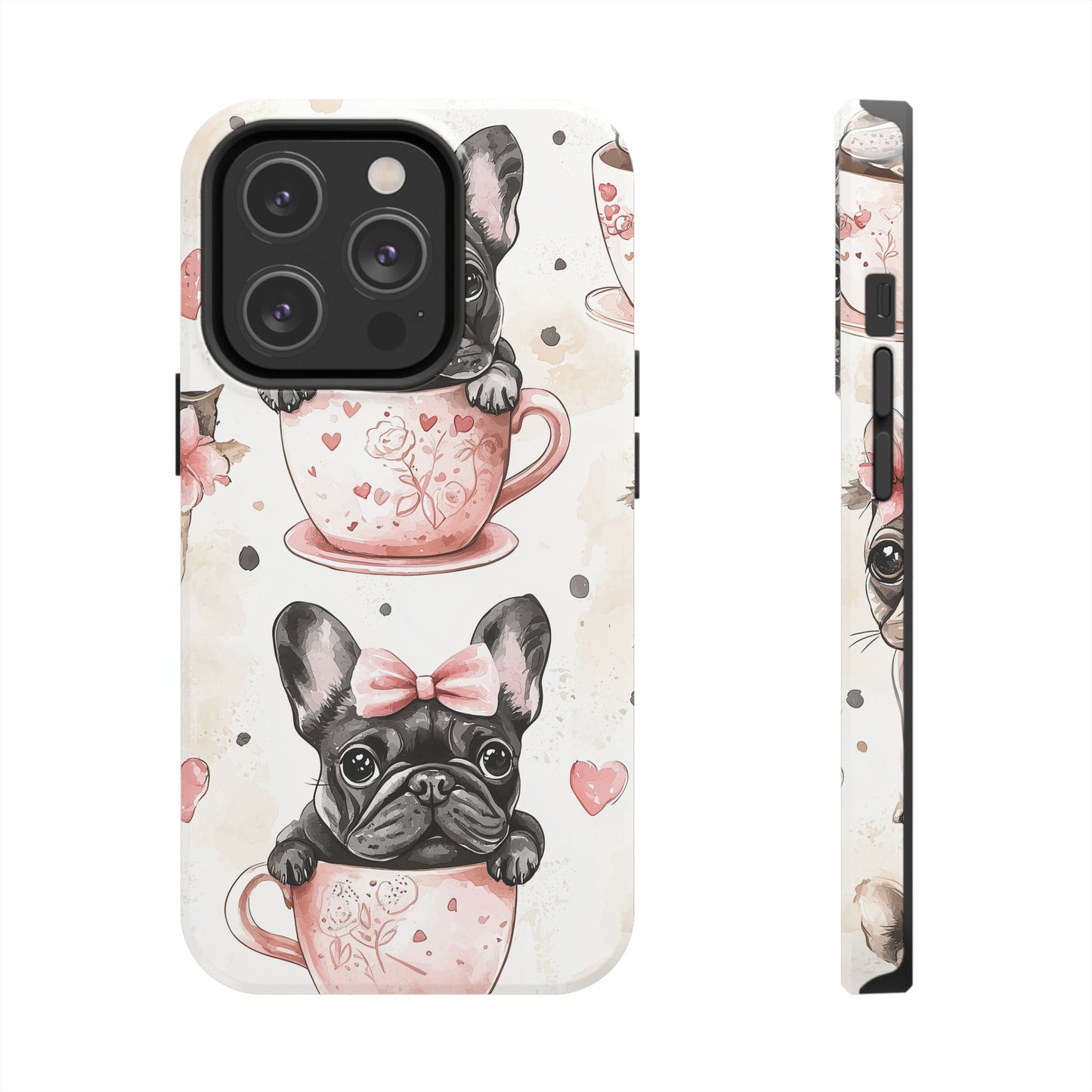 French Bulldogs in Teacups iPhone Case – Cute Dog Design with Hearts & Bows, Shockproof & Slim - BOGO Cases