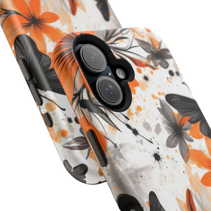 Orange Blossom & Black Butterfly MagSafe iPhone Case – Bold Floral Pattern with Modern Abstract Style