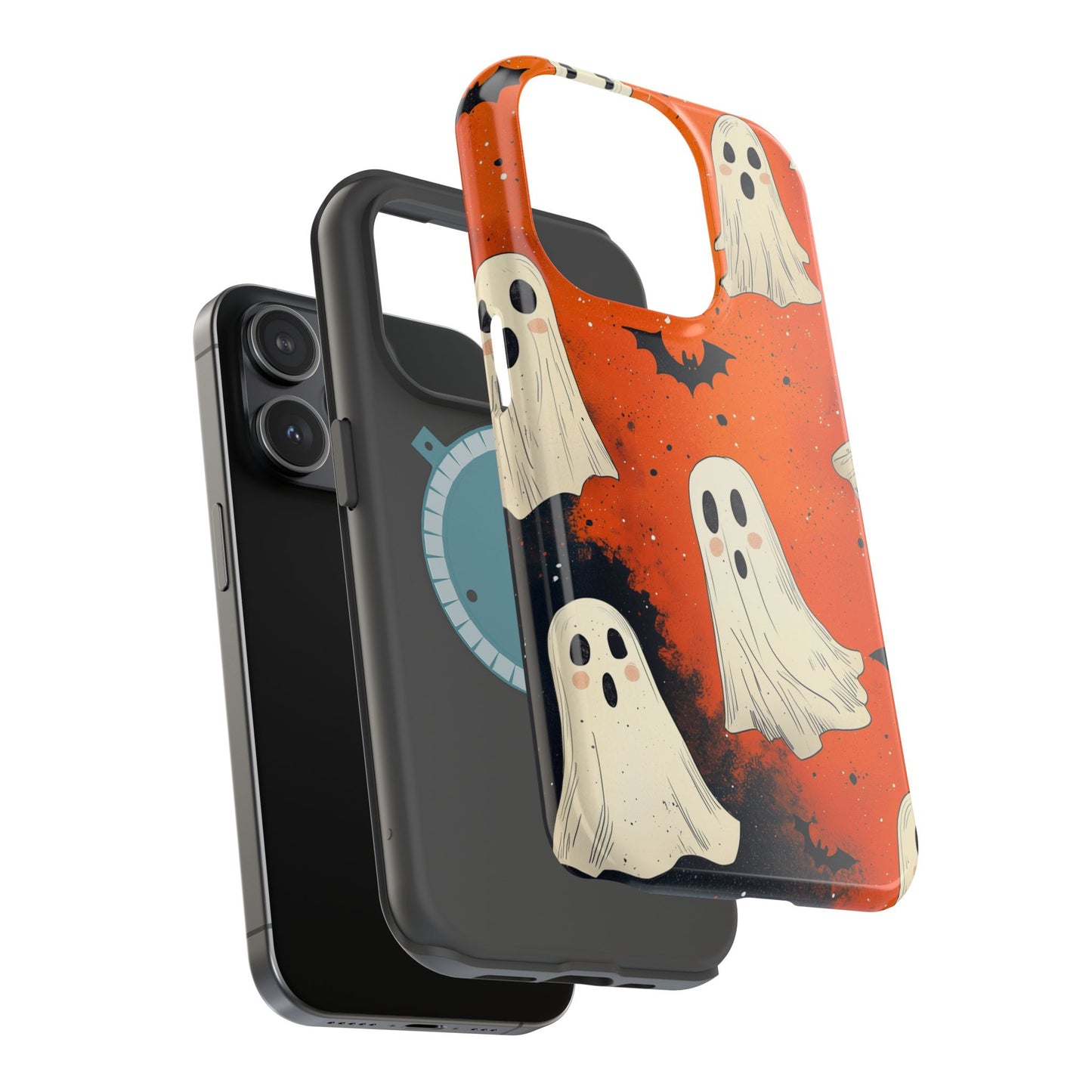 Spooky Ghosts & Bats  MagSafe iPhone Case – Vibrant Orange Halloween Design