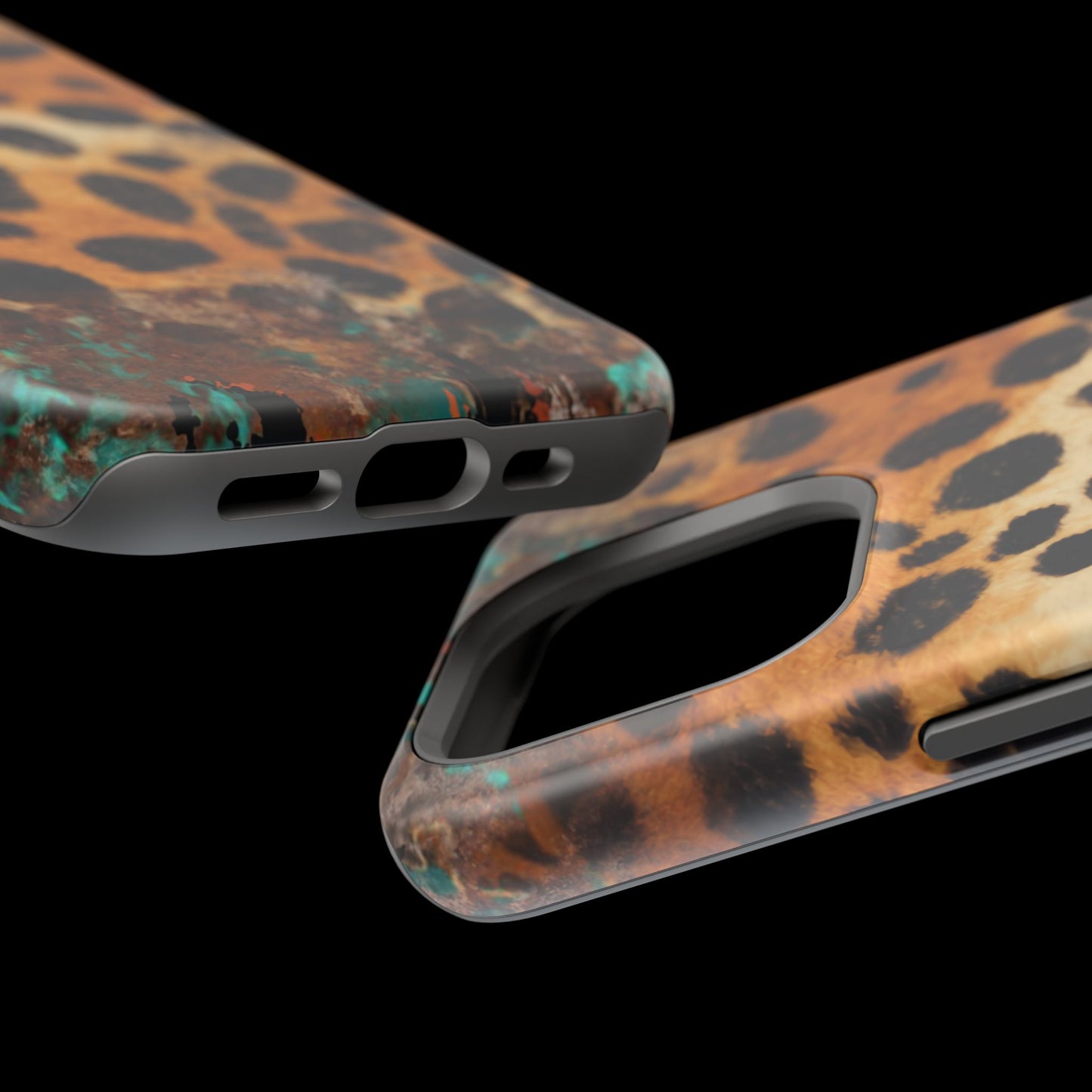 Rustic Leopard Print Tough MagSafe iPhone Case – Distressed Turquoise and Animal Pattern with Dual-Layer Protection