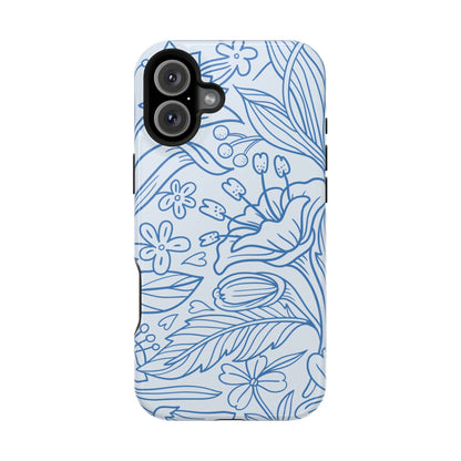 Dusty Blue Floral Line Art Tough MagSafe iPhone Case – Minimalist Botanical Design with Dual-Layer Protection