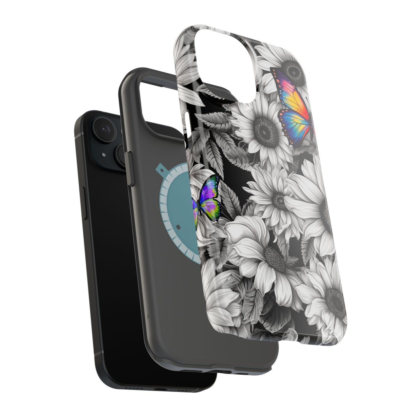 Rainbow Butterflies & Monochrome Sunflowers – MagSafe iPhone Case