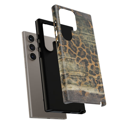 Rustic Wood and Leopard Print Tough Samsung Galaxy Case – Distressed Western Design with Dual-Layer Protection