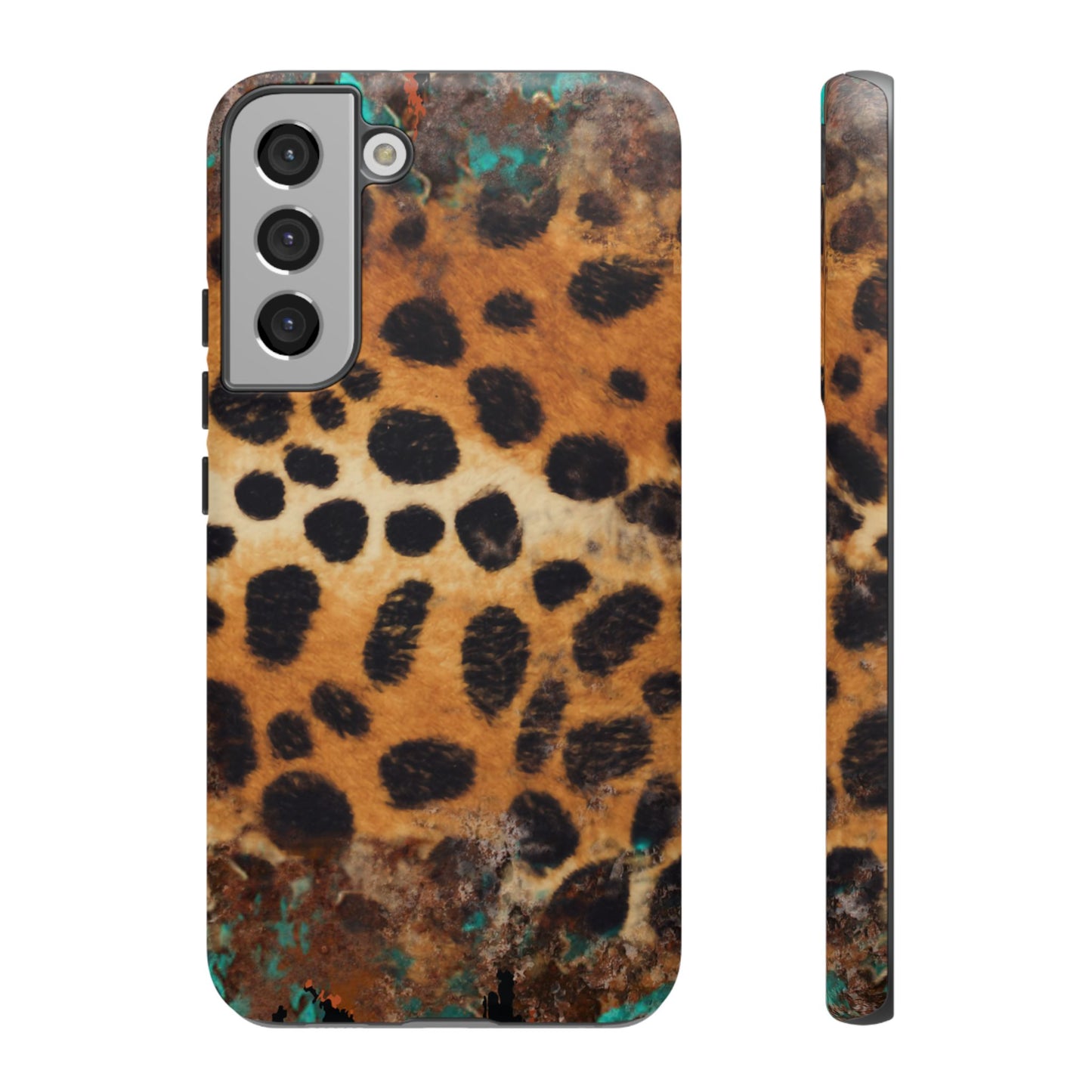 Rustic Leopard Print Tough Samsung Galaxy Case – Distressed Turquoise and Animal Pattern with Dual-Layer Protection