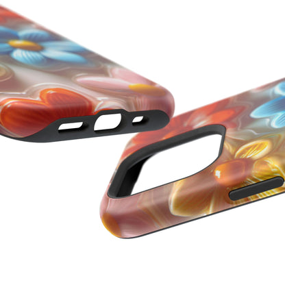 Glossy Retro Flower MagSafe iPhone Case – Colorful 3D Floral Design, Durable Protection