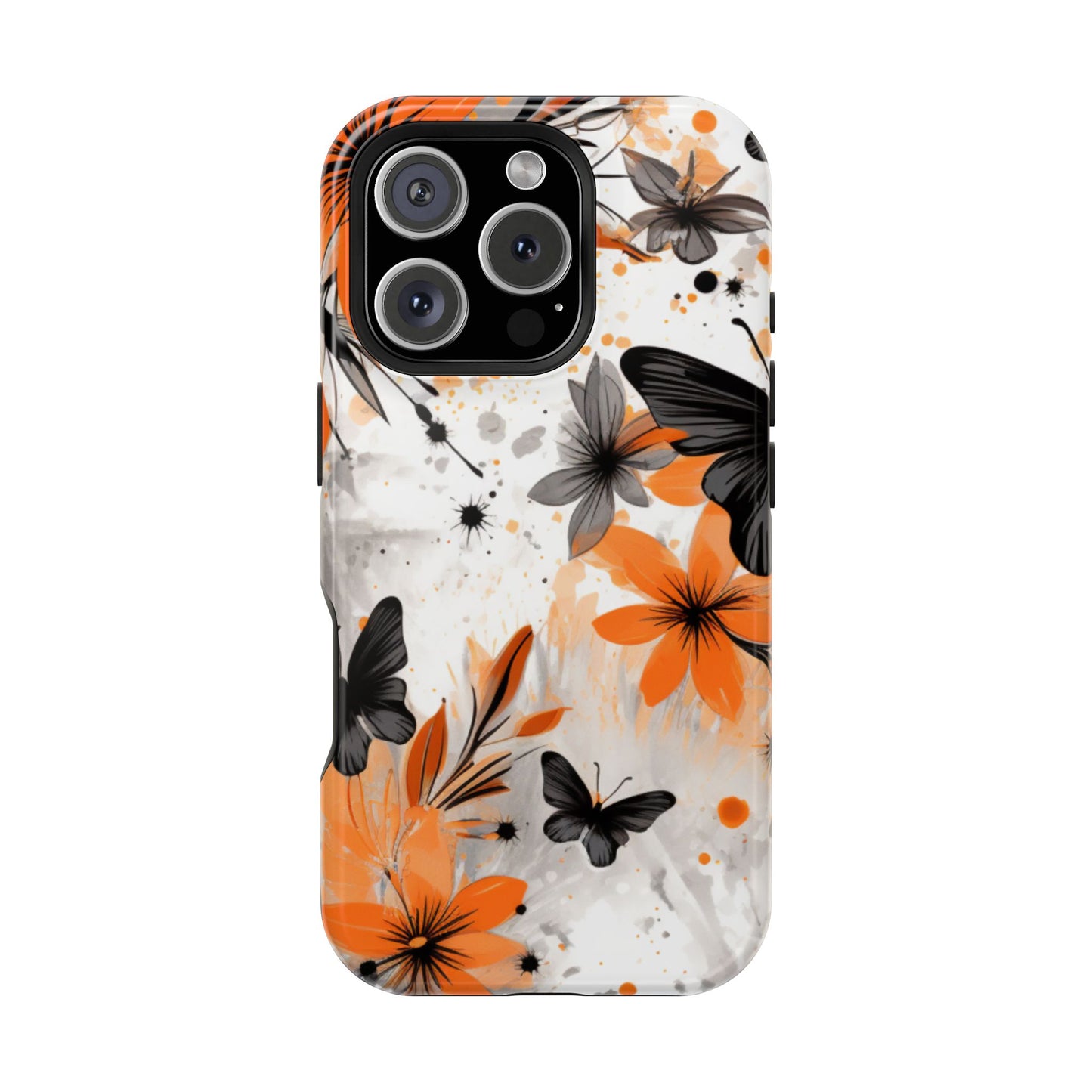 Orange Blossom & Black Butterfly MagSafe iPhone Case – Bold Floral Pattern with Modern Abstract Style