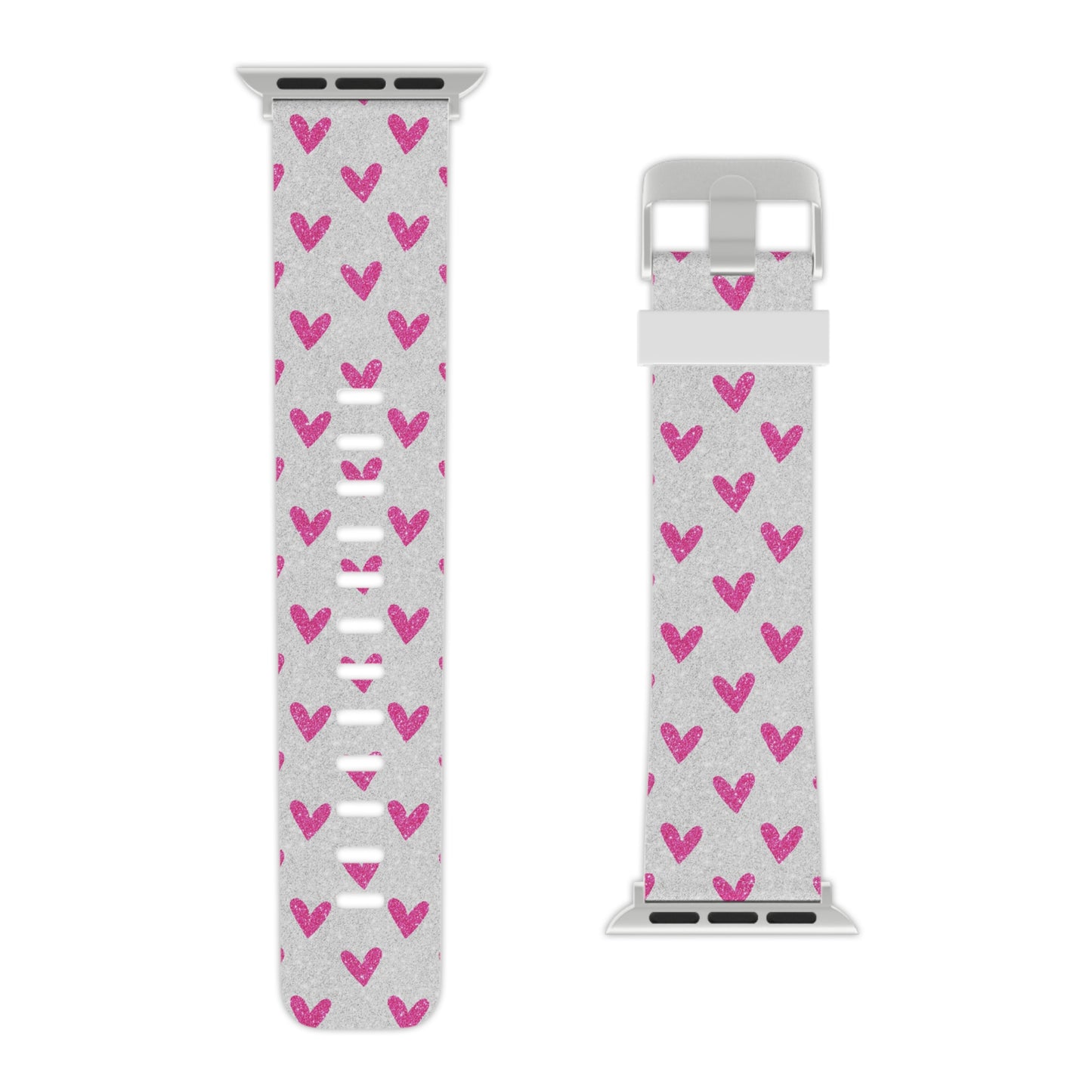 Pink Hearts on Glitter Silver Apple Watch Band