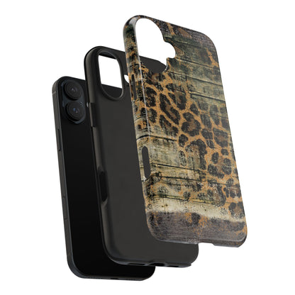 Rustic Wood and Leopard Print Tough iPhone Case – Distressed Western Design with Dual-Layer Protection