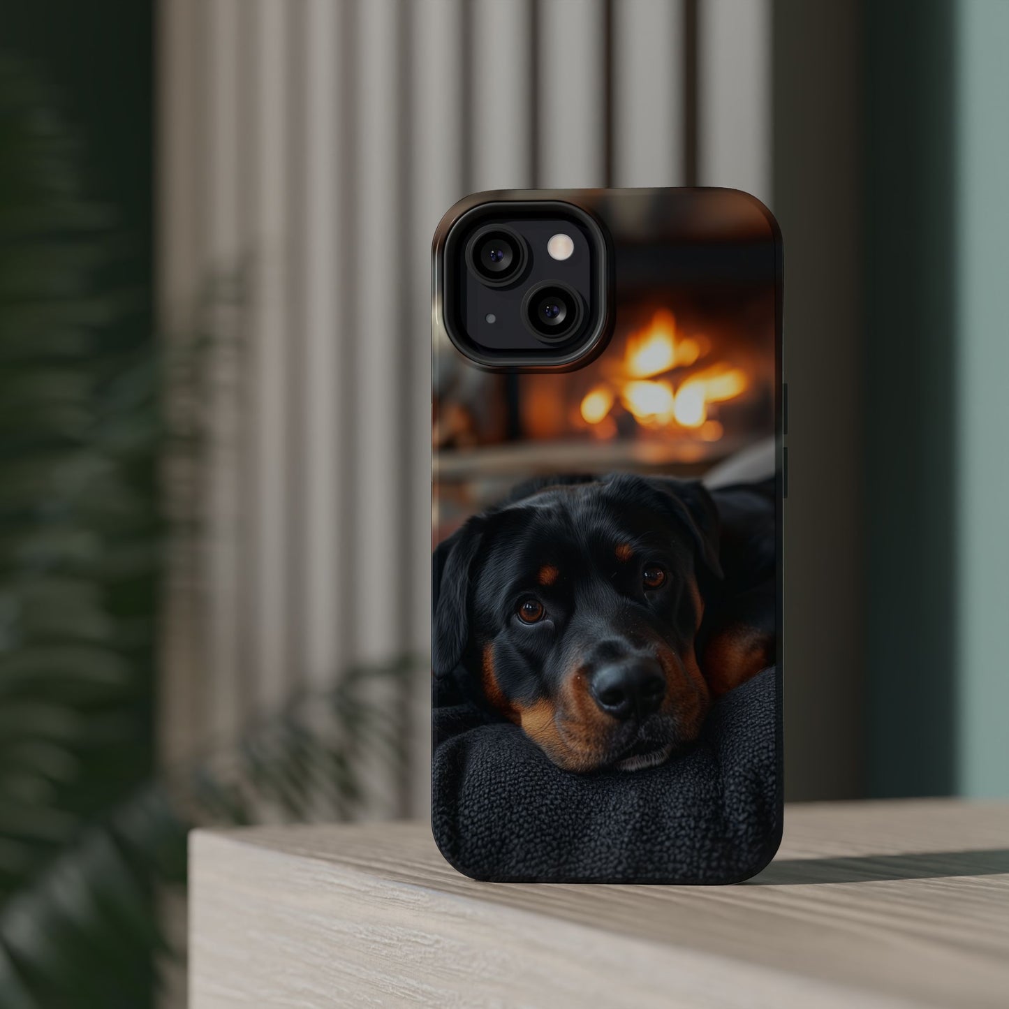 Charming Rottweiler by the Fireplace MagSafe iPhone Case – Cozy & Functional Design