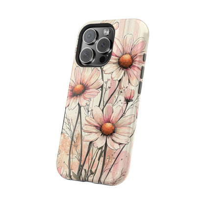 Pastel Pink Daisy MagSafe iPhone Case - Elegant Floral Plaid Protective Cover