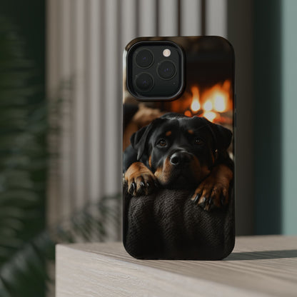 Cozy Rottweiler by the Fireplace MagSafe iPhone Case – Warm Rustic Design