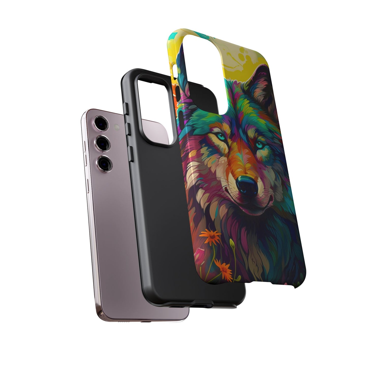 Rainbow Wolf in Bloom – Samsung Galaxy Case with Vivid Nature Design