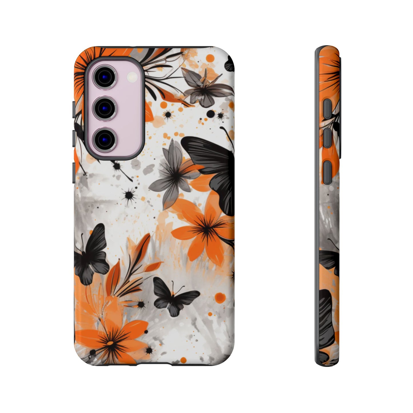 Orange Blossom & Black Butterfly Samsung Galaxy Case – Bold Floral Pattern with Modern Abstract Style