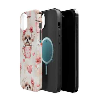 Floral Puppy in Teacup MagSafe iPhone Case – Cute Pink Flower Design, Tough Dual-Layer Protection