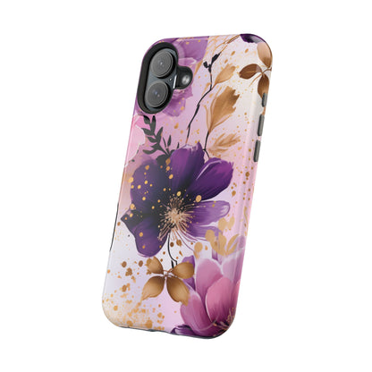 Elegant Purple & Gold Floral MagSafe iPhone Case - Luxe Flower Design