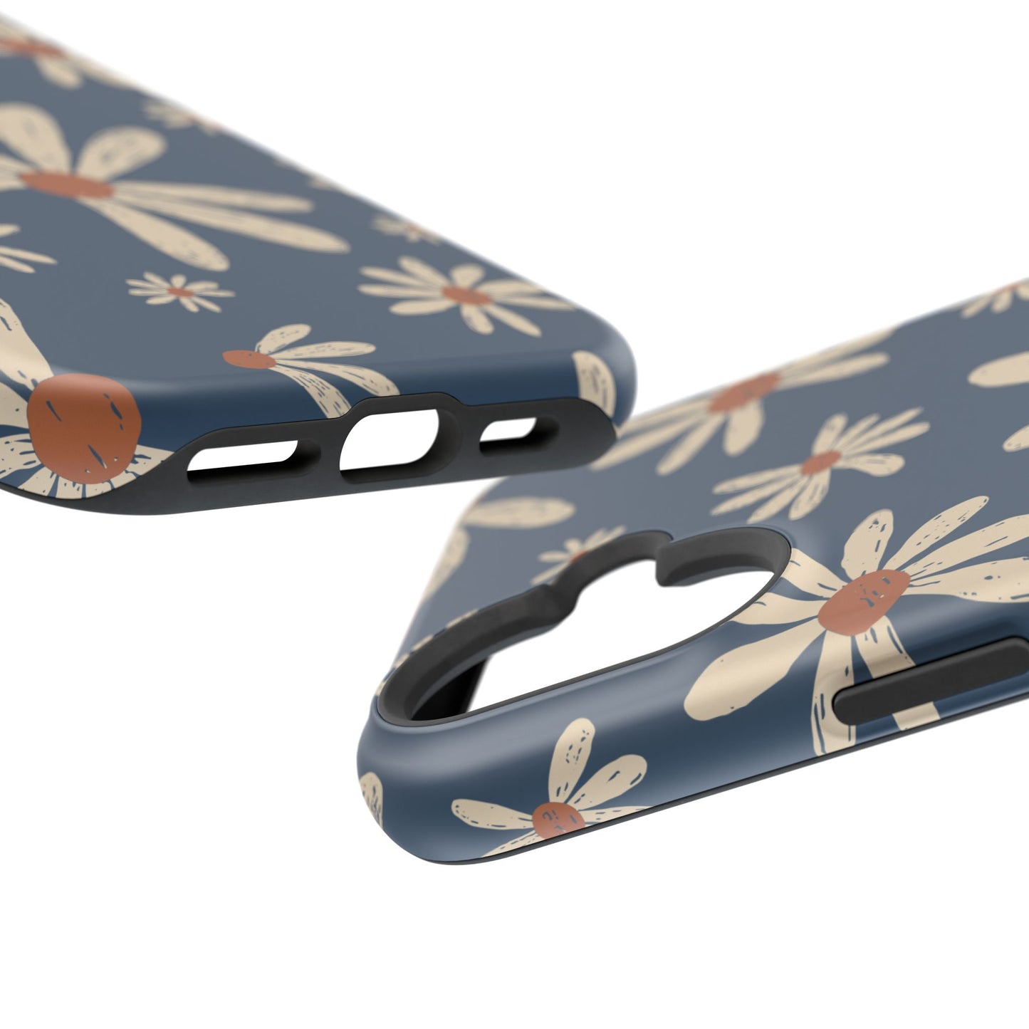 Vintage Daisies MagSafe iPhone Case – Navy Blue Floral Design, Scratch-Resistant with Shock-Absorbing Bumper