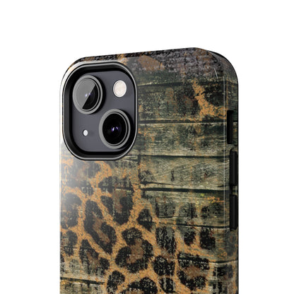 Rustic Wood and Leopard Print Tough iPhone Case – Distressed Western Design with Dual-Layer Protection