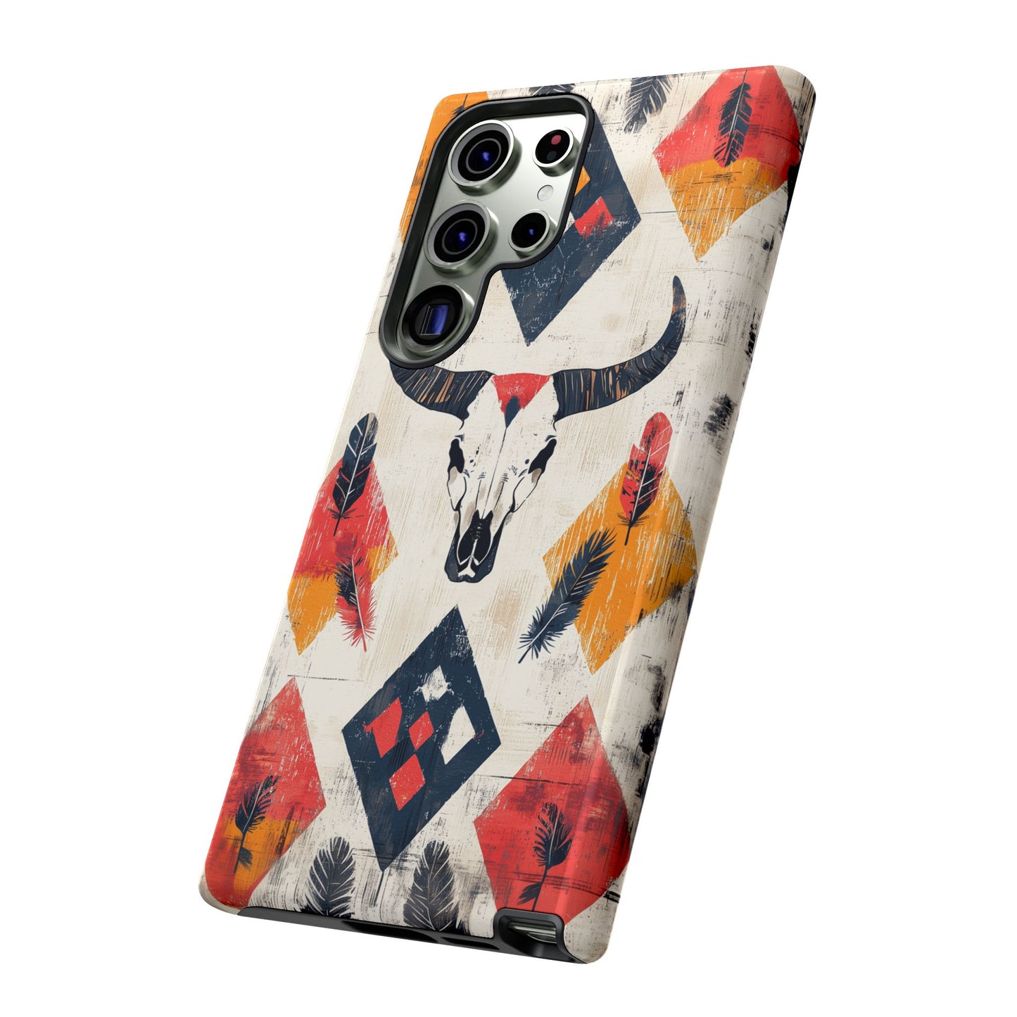 Western Bull Skull & Feathers Tough Samsung Galaxy Case – Bold Tribal Design, Dual - Layer Protection - BOGO Cases