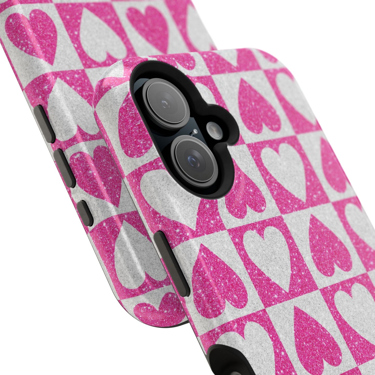 Pink Glitter Heart Checkered Pattern MagSafe Case