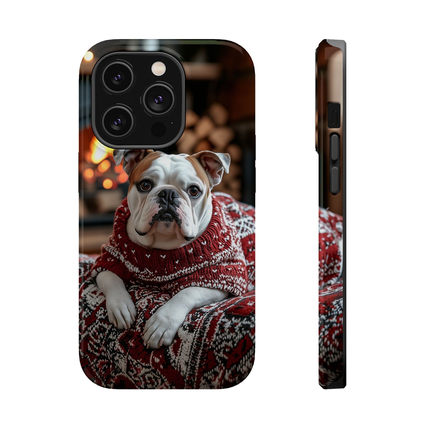 Cozy Bulldog in Sweater MagSafe iPhone Case – Festive Fireplace Protective Cover