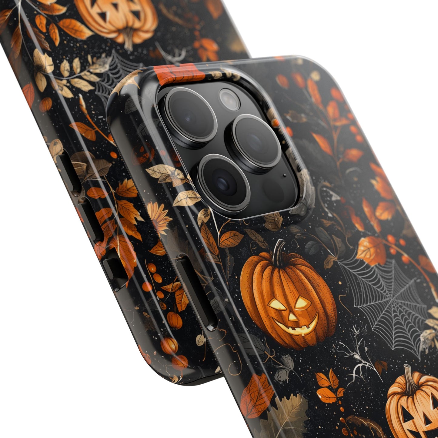 Elegant Halloween iPhone Case – Pumpkin Jack-o'-Lanterns, Cobwebs & Autumn Foliage Design